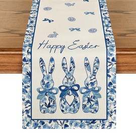 Artoid Mode Blue Porcelain Bunny Rabbit Happy Easter Table Runner,Seasonal Kitchen Dining Table Decoration for Home Party Decor 13x36 Inch