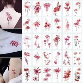 tuzuru 30 Pcs Waterproof Interbank Flower Tattoo Stickers + Bonus