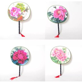 White Deer 12 PCs Ancient Artistic Floral Silk Bamboo Double side Round Hand Hold Fan