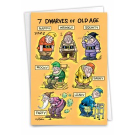 NobleWorks - 1 Awesome Birthday Greeting Card - Cartoon Art, Happy Funny Bday Note - Old-age Dwarves 4729