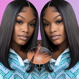GUDOZO Bob Wig Human Hair 14 inchGlueless Wigs Human Hair Pre Plucked Pre Cut 4x4 Glueless HD Lace Front Wigs Human Hair for Black Women 180% Density Short Straight Bob Wigs Human Hair 14 inch