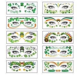 St. Patrick's Day Tattoos Shamrock Temporary Tattoo Stickers Fashion Face Eye Shamrock Patterned Waterproof Stickers for St Patricks Day Cosplay, Adults Makeup Tattoos Kit (10 Sheets)