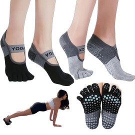 2 Pairs Women's Grip Socks - Black & Grey Yoga Toe Socks with Non-Slip Pads for Pilates/Barre/Trampoline (Breathable Crew Style，One Size)