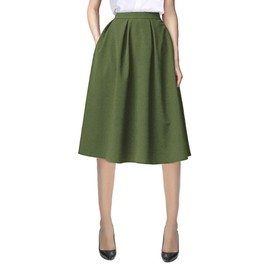 Urban CoCo Women's Flared A line Skirt Pleated Midi Skirt with Pockets (M, Army Green)