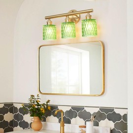 LAPMUNG Bathroom Vanity Light, Gold Wall Fixture Over Mirror, Green Glass Shade Lighting with Bulbs Included for Bedroom & Living Room,3-Lights
