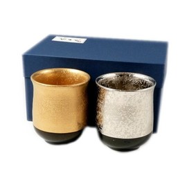 有田焼 弥 Source Next Kilns, Gold Dark Black 釉掛 Minutes, Platinum Dark Black 釉掛 Minutes Pair Tea Bowls (Couple Tea Bowls) 20823 