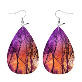 Zokola Wood Trees Teardrop Earrings, Colorful Forest Sunset Dusk Foliage Cloud Nature Double-Sided Dangle Earring For Women Friends, Lightweight Faux Leather Earrings