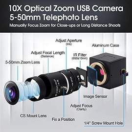 SVPRO Teleobjetivo cámara web compatible con Mac, cámara USB de 1 MP con lente de zoom óptico de 5 a 50 mm, cámara web de enfoque manual, UVC PC Cam para Windows Linux Android MAC, 1280 x 720 USB2.0