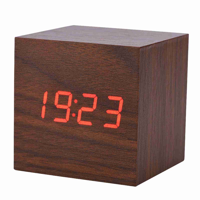 6x6x6cm Wooden Electronic Digital Alarm Desk Clock Temperature LED Display