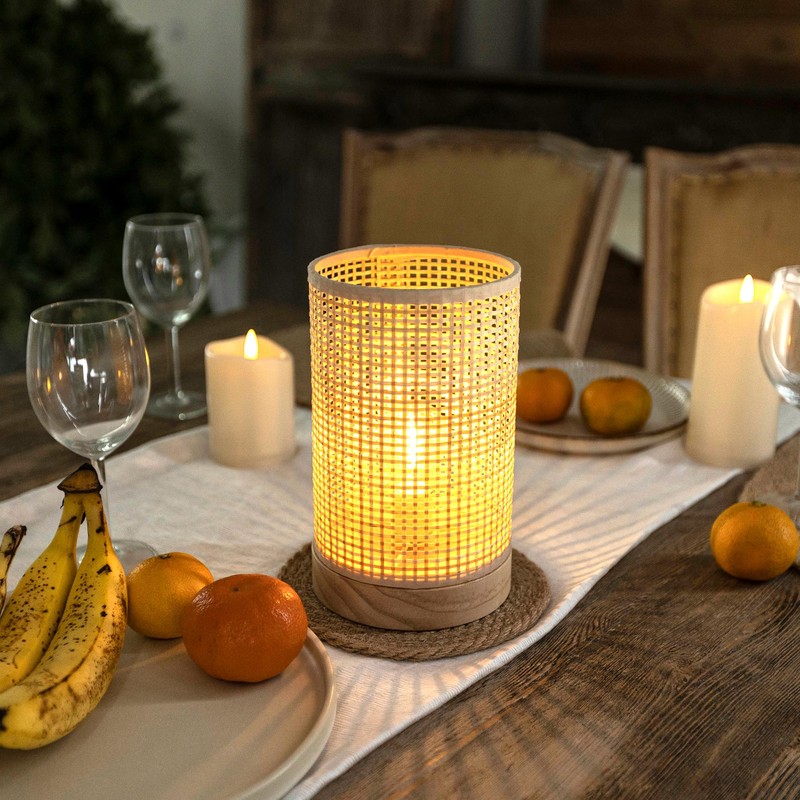 Battery Operated Lamp Boho Rattan Table Lamp with Timer, Battery