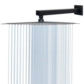 Cabezal de ducha de lluvia con brazo de extensión, cabezal de ducha cuadrado de 12 pulgadas con brazo de ducha de 16 pulgadas, cabezal de ducha grande de acero inoxidable, cobertura completa de cascada, fácil de instalar (negro mate)