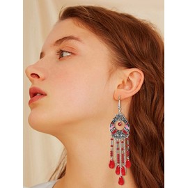 Long Beaded Earrings Bohemian Tassel Beads Dangle Drop Earrings Elegant Boho Statement Earrings Jewelry Gifts for Women Girls (Red)