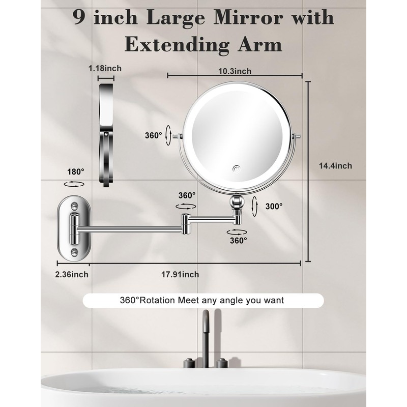 30X/1X Wall Mounted Lighted Makeup Mirror, 9'' Height Adjustable Double