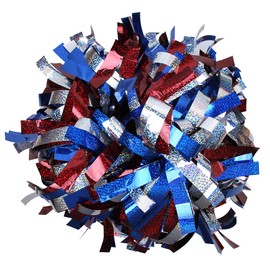 ICOCHEER Cheerleading Pom Poms Metalic Holographic Cheerleader with Baton Handle 6 inch 1 Pair 2 Pieces (Red/Royal Blue/Silver)