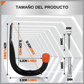 Timotech Set de 6 Ganchos de Garaje Resistentes para Colgar, Organizador de Pared para Herramientas, Ganchos Grandes de Almacenamiento de Garaje para Cable de Extensión, Cable de Herramienta (Naranja)