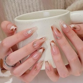 Pure Handmade Nails Press on Nail Reusable Fake Nails Golden&Bling Bling Medium Stick on Nails French Tip False Nails 10pcs (XS, Q297)