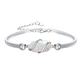 HPQQ Opal Bangle Bracelet for Women 925 Sterling Silver White Opal Bracelet Adjustable Bangle Jewelry Anniversary Birthday Christmas Gifts for Women Her Wife Mom