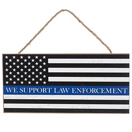 GiftWrap Etc. Support Law Enforcement Wooden Sign - 12.5" x 6", Black, White & Blue American Flag, Police Appreciation, 4th of July, Thin Blue Line Awareness, Wreath, President's Day, Memorial Day