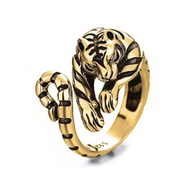 POYAMUSE Cool Thai Silver Tiger Tail Wrap Ring for Men - Adjustable Open Design (Gold)
