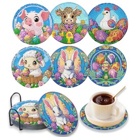 DOZEEZOP 6 PCS Diamond Art Coasters Kit, Diamond Painting Coasters with Holder, Fall Diamond Art Kits for Adults Beginners, Arts and Crafts Supplies Party Item Sets Easter Animals