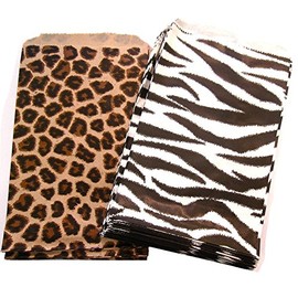 50 Qty 6" x 9" Leopard & Zebra Combo Print Flat Plain Paper Gift Bags or Patterned Decorative Bags for candy, cookies, merchandise, pens, Party favors, showers, holidays, events and gifts