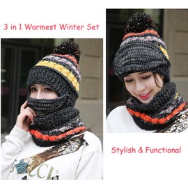 YJZQ Women Warm Knitted Hat Circle Scarf Mouth Muffle Set Warmest Winter Hat Neck Warmer Bobble Pom Crochet Beanie Hat Cap Outdoor Ski Cycling Thermal Fleece Insulated Hat Black