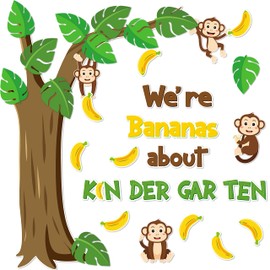 ArowlWesh 84Pcs Wild Animals Kindergarten Back to School Bulletin Board Set Bananas About Kindergarten Trees Monkey Cutouts First Day of School Decoration Decor Supplies of Classroom Preschool Wall