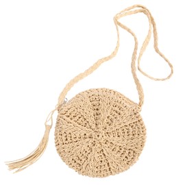Minicloss Straw Shoulder Bag for Women, Beach Round Straw Crossbody Bag with Tassel, Woven Handmade Handbag with Zip, Summer Beach Straw Handbags with Bohemian Purse, beige, S