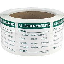 General Food Allergen Allergy Warning Removable Stickers, 51 mm 2 Inches Square, 500 Labels on a Roll