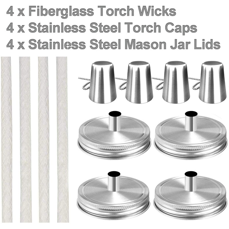 Mason Jar Tabletop Torch Kits,4 Pack Longlife Fiberglass Wicks,Stainless Steel