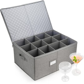 LotFancy Stemware Storage Container for Moving, Hard Shell, Wide Wine Glass Storage Box with Dividers & Handles, Stackable, Foldable Crystal Glassware Case, 21”x15.5”x10”, Grey