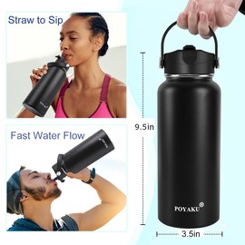Water Bottle Insulated 32oz 40oz 64oz 128oz Straw Lid Spout Lid & 3 Lids, Leak Proof, Vacuum Insulated,Stainless Steel Water Bottle Wide Mouth for Sports, Gym or Office (Magic Black, 32 oz)