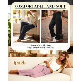 Neer 3 Pack Women's Wide Leg Yoga Pants, Comfy Lounge Pants with Pockets Ladies' Stretch Sweatpants Elastic Waist Joggers(Small,Black, Dark Gray, Pink)