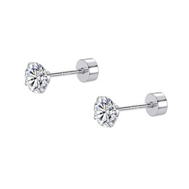 20g 6mm Simple Round CZ Cartilage Earring Stud for Women Men S925 Sterling Silver Cubic Zirconia Dainty Small Screw Flat Back Hypoallergenic Internally Threaded Helix Tragus Labret Nose Earrings