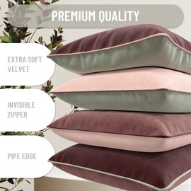 Blau Marité Decorative Velvet Throw Pillow Covers with Trim. Soft Velvet Decorative Pillow Cases. Velvet Cushion Covers. Contrast Pipping.(Aubergine, Pink and Grey, 18"x18", 4 Units)