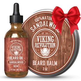 Viking Revolution Sandalwood Beard Balm for Men (2oz) and Sandalwood Beard Oil (1 fl oz) Bundle - With Argan and Jojoba Oils - Soften and Moisturize - Stocking Stuffers for Men