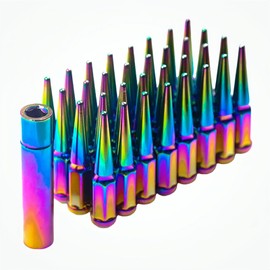 M14 x 1.5 Wheel Spike Lug Nuts 32Pcs Neo Chrome Solid 4.4" Tall Acorn Lug Nut with 1 Socket Key Replacement for Silverado 1500 2500 3500 for Ford F-150 F-250 F-350 etc.