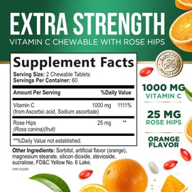 Chewable Vitamin C 1000 mg - Extra Strength Antioxidants for Powerful Immune Support with Vitamin C & Rose Hips - Potent Dietary Vitamin Supplement - Natural, Vegan, Gluten-Free, Non-GMO - 120 Tablets