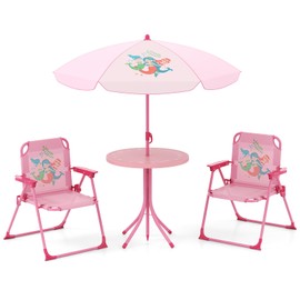 HOMGX Kids Picnic Table with Umbrella, Kids Outdoor Table with 2 Folding Chairs, Height Adjustable Umbrella, Portable Kids Outdoor Furniture for Backyard, Garden, Patio (Pink)
