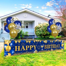 RUMIA Happy Birthday Decor Boy Girls Men Women Navy Blue & Gold Birthday Yard Banner & 18pcs Happy Birthday Balloons Anniversary Birthday Party Indoor Outdoor Supplies Indoor Outdoor Decor (A6-hcx)