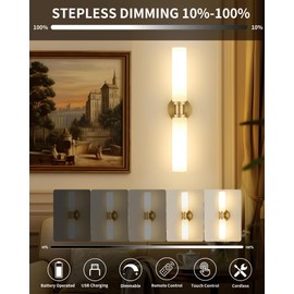 Battery Operated Wall Sconce Set of Two, Modern Rechargeable Wall Lights, Dimmable Battery Cordless Sconces with 4 Bulbs for Living Room, Bedside, Bathroom, Brushed Gold with White Lampshades 2 Pack