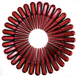 50 Caliber Racing 14x2.0mm Wheel Spiked Lug Nuts with Extended Spike Design, Fits Ford F150, F250, F350, Excursion, Expedition, Lincoln Mark LT, Navigator, (Set of 32, Red)
