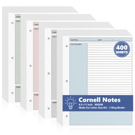 400 Pcs Colored Cornell Notes Loose Leaf Paper 8.5×11 Inch for 3 Ring Binder College Ruled Notebook Refill Paper Bulk Taking System Filler Paper Letter Size for School Office Business Home 80gsm