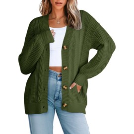 Dokotoo School Outfits for Teacher Early Fall Fashion Cardigan Sweaters for Women Casual V Neck Open Front Button Up Cardigans Sweater Tops Outwear Long Sleeve Warm Chunky Knit Cardigans Coats Green M