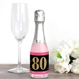 Chic 80th Birthday - Pink, Black and Gold - Mini Wine and Champagne Bottle Label Stickers - Birthday Party Favor Gift for Women and Men - Set of 16