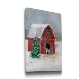 Renditions Gallery Red Barn with Wreath Wall Art, Christmas & Winter Decorations, Country & Farm Holiday Decor, Premium Gallery Wrapped Canvas Decor, Ready to Hang, 12 in H x 18 in W, Made in America