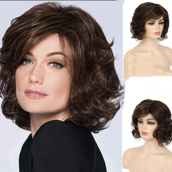 Qnbiar Short Curly Fluffy Wig Brown Layered Messy Shaggy Synthetic