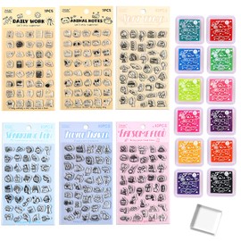 6 Sheets Clear Stamps for Card Making Supplies Set Include 12 Craft Ink Pad 1 pcs 3cm Acrylic Stamp Block for DIY Scrapbooking Journal