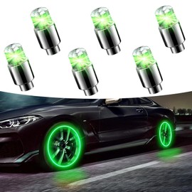 Fluher 6 PCS Car Tire Valve Light, Cool Modified Night Light Safety Shock Sensor Flash Light, Waterproof Tire Valve Stem LED Light Cap, Universal Wheel Decoration Accessory for Car Motorcycle (Green)