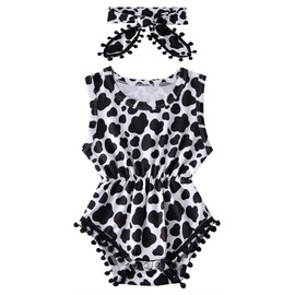 Leapparel Infant Boy's Cow Jumpsuits Toddler Girl's Pom Pom Romper Baby Sleeveless Playsuit with Headband 2 Pcs Sets Cotton Cloth Easy Change Diaper 18-24month
